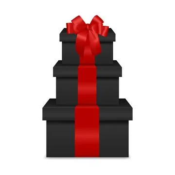 Black Gift Box Tower With Red Ribbon. Stacked Black Present Boxes. Elegant Stock Illustration