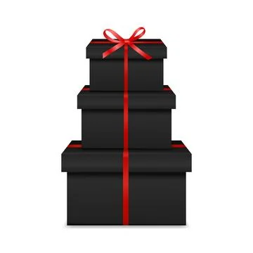 Black Gift Box Tower With Red Ribbon. Stacked Black Present Boxes. Elegant Stock Illustration