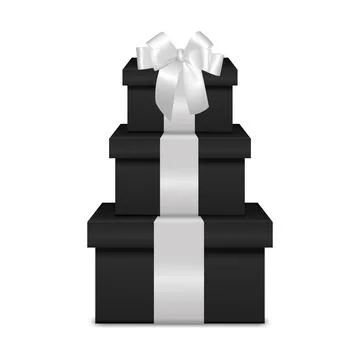 Black Gift Box Tower with White Ribbon. Stack of Luxury Black Present Boxes with Stock Illustration