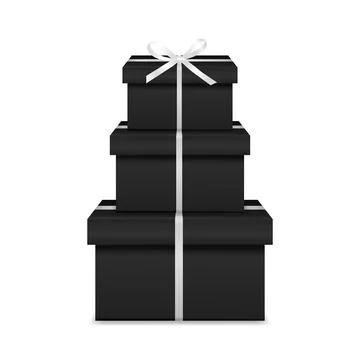 Black Gift Box Tower with White Ribbon. Stacked Black Present Boxes. Elegant Stock Illustration