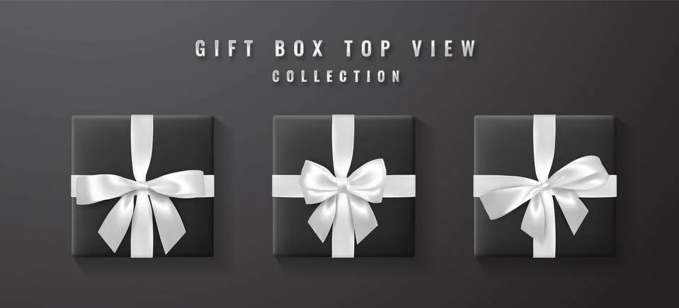 Black gift box with white, silver bow and ribbon top view. Element for decora Stock Illustration