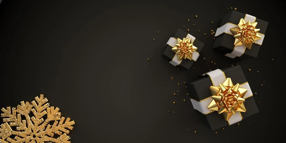 Black gift boxes on dark background 3d render Stock Illustration