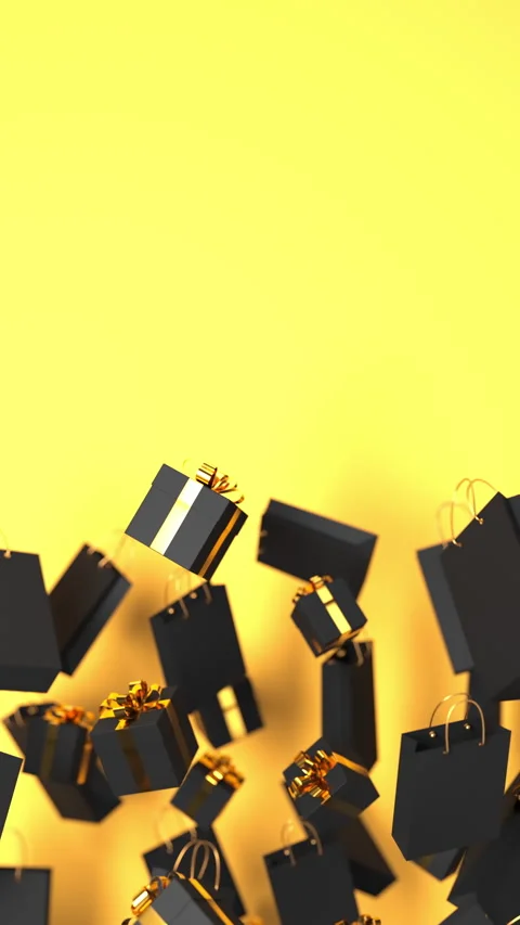 Black gift boxes with golden ribbon, shopping bags floating, rotating on yellow 스톡 동영상 285317876
