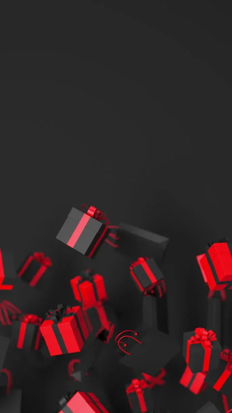 Black gift boxes with red ribbon, shopping bags floating, rotating on black 스톡 동영상 286094998