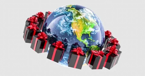 Black gift boxes rotation around the Earth Globe, animation seamlessly loop.. Stock Footage 296438801