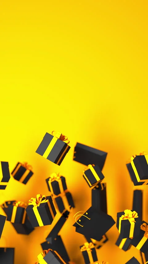 Black gift boxes with yellow ribbon, shopping bags floating, rotating on yellow 스톡 동영상 285741777