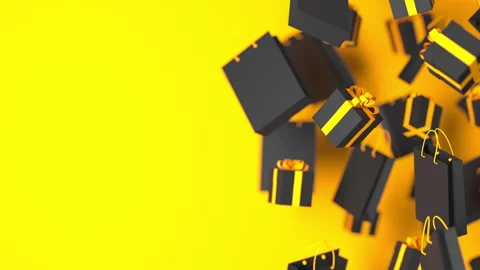 Black gift boxes with yellow ribbon, shopping bags floating, rotating on yellow 스톡 동영상 287314479