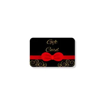 Black gift card template design with bow and red satin ribbon. Vector illustr Stock Illustration