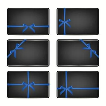 Black Gift Cards Set with Blue Ribbon Bows, Isolated. Elegant Vector Voucher Stock Illustration