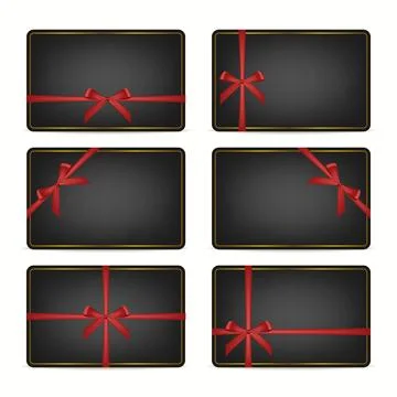 Black Gift Cards Set with Red Ribbon Bows, Isolated. Festive Vector Voucher Stock Illustration