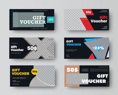 Black gift voucher template with colored geometric elements, realistic shadow Stock Illustration