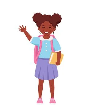 Black girl with backpack and book going to the school. Stock Illustration