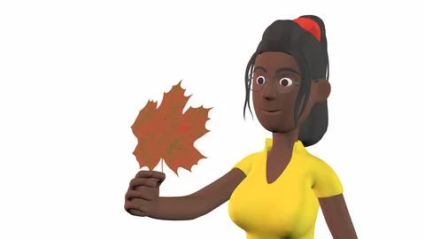 A black girl with a large maple leaf in her hands on an orange background 3d- イラスト素材