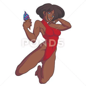 A black girl in one piece swimming suit is holding an ice cream Stock Illustration