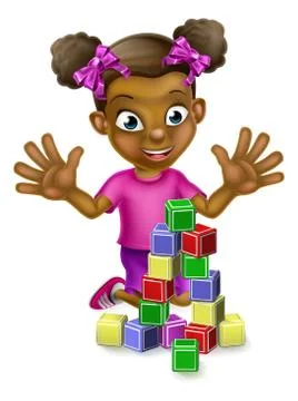 Black Girl Playing With Building Blocks イラスト素材