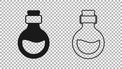 Black Glass bottle with magic elixir icon isolated on transparent background Stock Illustration