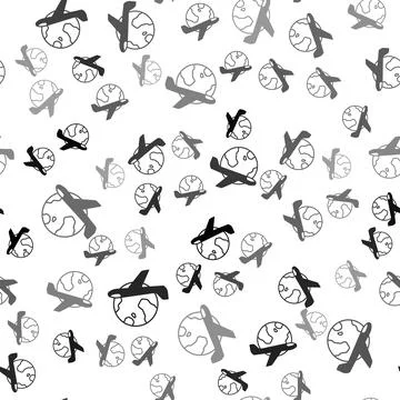 Black Globe with flying plane icon isolated seamless pattern on white background Illustrazione stock