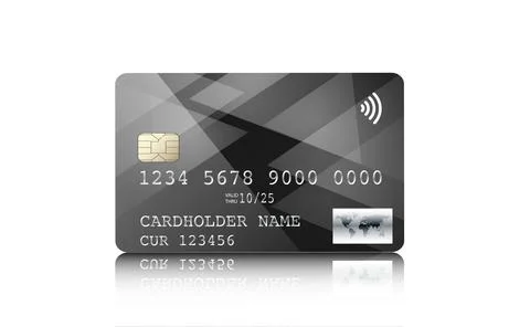 Black, glossy with a designer pattern, a plastic bank credit card with a chip Illustrazione stock
