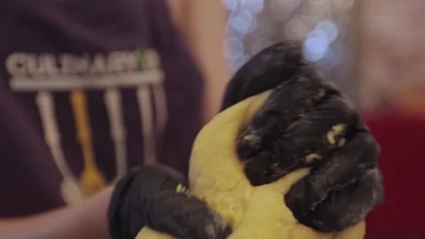  black gloved hands making pasta dough, pizza dough. Stock Footage 300028362