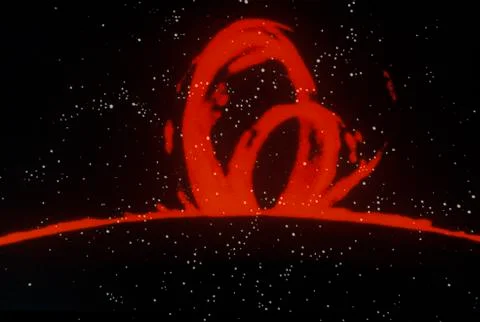 A black glowing sun with red loop prominences against a starry background Stock Photos