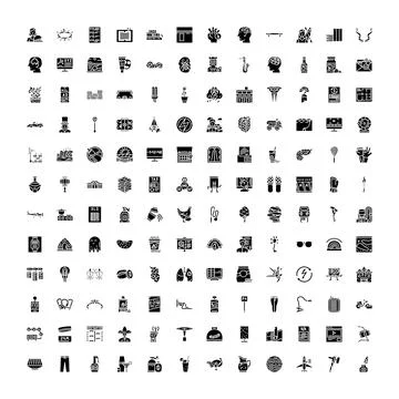 Black glyph icon collection representing various concepts Ilustração Stock