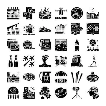 Black glyph icon collection representing various concepts Stock Illustration
