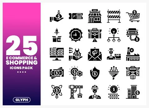 Black glyph icons for e-commerce and shopping with financial and business t.. Stock Illustration