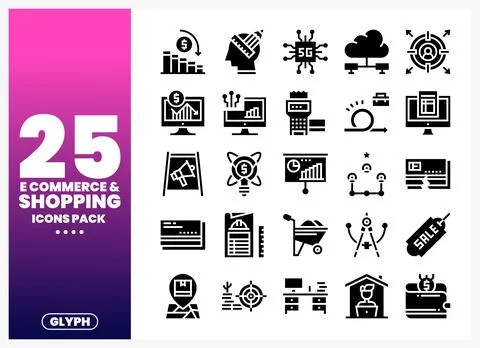 Black glyph icons for e-commerce and shopping presented on a purple and pin.. Stock Illustration