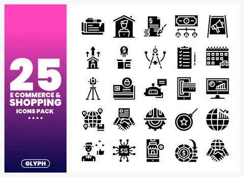 Black glyph icons for e-commerce and shopping with gradient background Stock Illustration