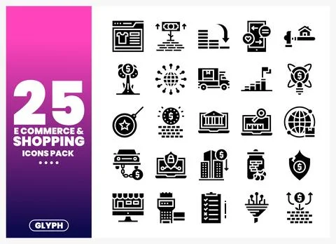 Black glyph icons for e-commerce and shopping displayed on a white backgrou.. Иллюстрация