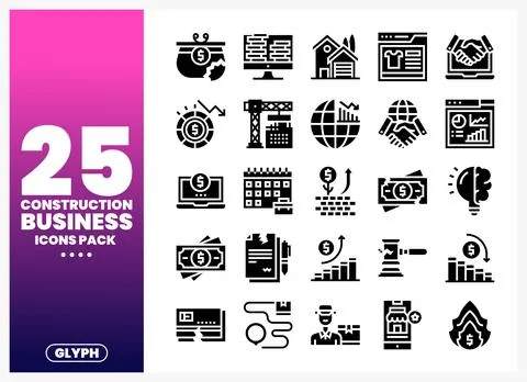 Black glyph icons pack for construction business finance and growth Stock Illustration