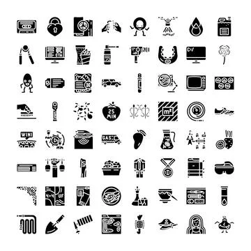 Black glyphs set representing various objects and concepts Stock Illustration
