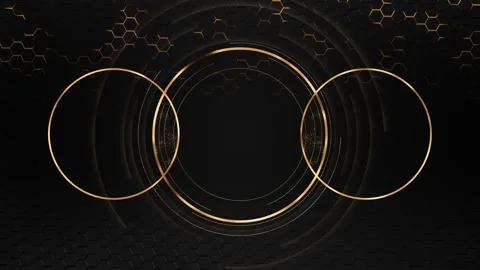 Black gold hexagon HUD background honey pattern, circular rings, glowing Stock Footage 334062535