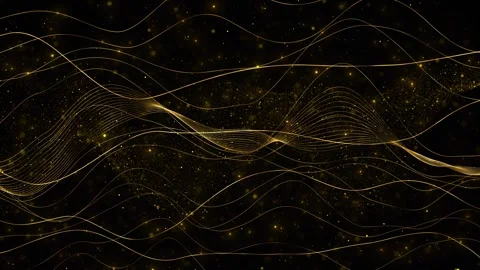 Black gold wave background flowing line curves, glitter particles, dark luxury d Stock Footage 340469931