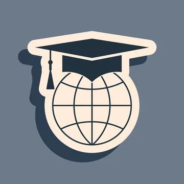 Black Graduation cap on globe icon isolated on grey background. World education 库存插图