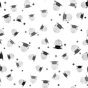 Black Graduation cap on globe icon isolated seamless pattern on white background Illustrazione stock