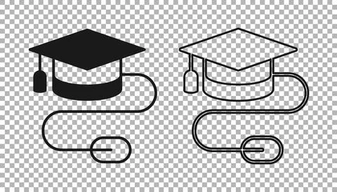 Black Graduation cap with mouse icon isolated on transparent background. World Stock Illustration