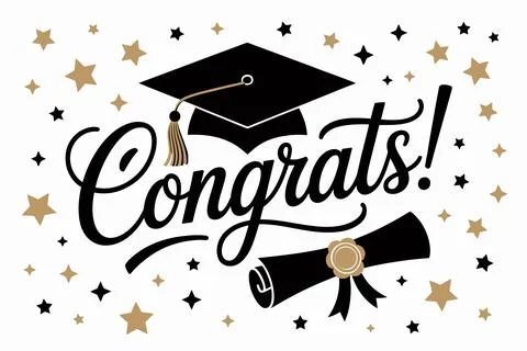Black graduation cap with rolled diploma, gold stars, and "congrats!" text Stock Illustration