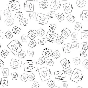 Black Graduation cap in speech bubble icon isolated seamless pattern on white Illustrazione stock