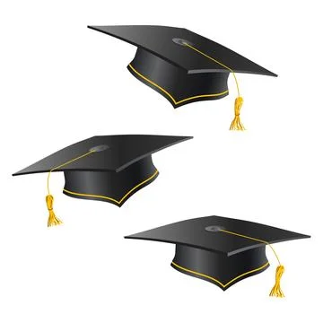 Black graduation hat with golden elements in different positions. Education Stock Illustration