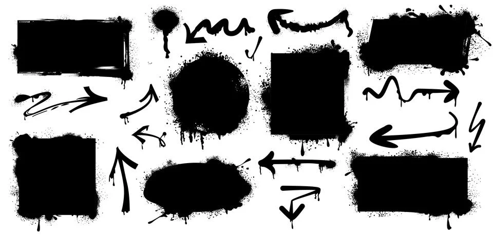 Black graffiti spray paint frames, ink arrows with splatters and drips Stock Illustration