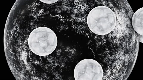 Black granite sphere with rolling white marble spheres looping 3D animation Stock Footage 202557905