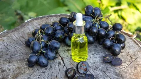 Black grape bunch with a small bottle of grape seed oil Stock Photos