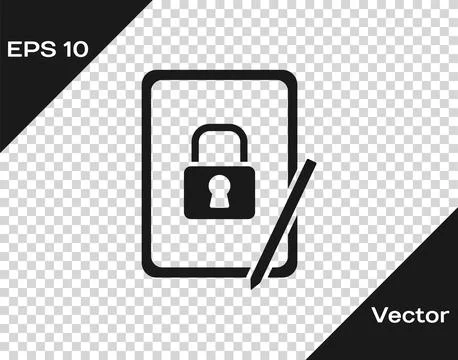 Black Graphic tablet with closed padlock icon isolated on transparent backg.. Illustrazione stock