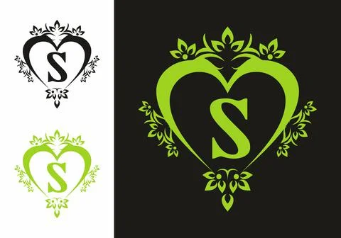 Black green S initial letter in love shape frame 스톡 일러스트