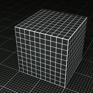 Black grid paper cube on black grid paper floor Stock Illustration