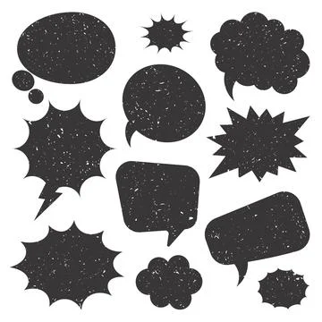 Black grunge comic speech bubbles isolated on white background. Hand drawn retro Stock Illustration