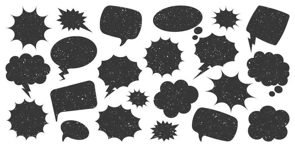 Black grunge comic speech bubbles isolated on white background. Hand drawn retro 스톡 일러스트