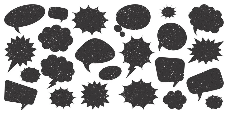 Black grunge comic speech bubbles isolated on white background. Hand drawn retro Illustrazione stock