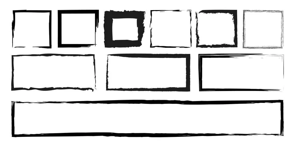 Black grunge square and rectangular shapes set. Brush strokes frames elements イラスト素材